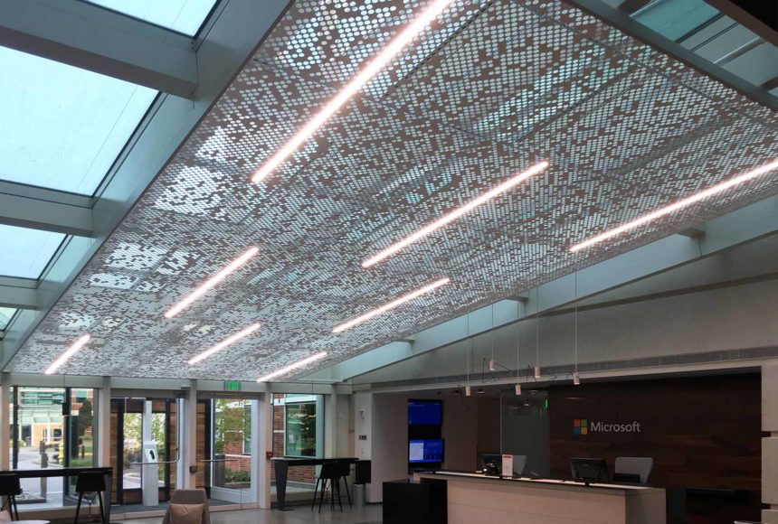 Close up of Arktura Vapor® Cluster Dense installed in Microsoft lobby.